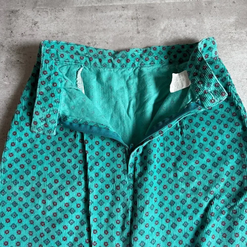 Vintage long, turquoise, geometric-patterned corduroy maxi skirt size 5/6